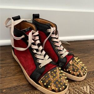 Red and Black High-Top Sneakers with Gold Studs